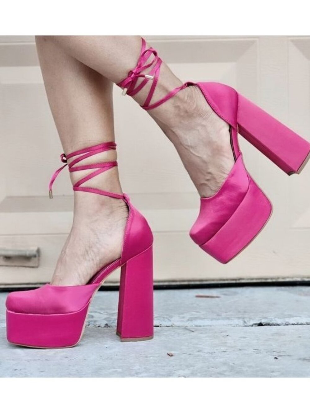 Chic Women’s Pink Satin Lace Up Platform - Party Shoes